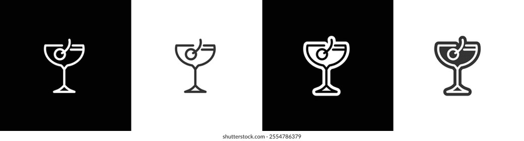 Coupe glass icons. Classic alcoholic cocktail and cocktail glass thin line and flat icon. Cocktail glass vector illustration symbols in black white and transparent background.