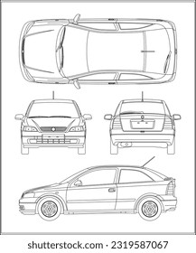 Coupe hatchback car blueprint. Blank compact car template for branding or advertising.