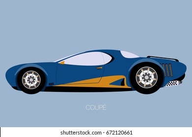 coupe race car, side view, flat design style