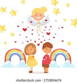 Coupidone connects kids hearts, vector illustration. Boy and girl character fall in love with each other, between them small hearts. Angel child rejoices in successful work over them.