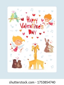Coupidone kids, happy valentines day festive card, vector illustration. Congratulaton poster, little angels. Vertical template animals in love, couple giraffes, bears, hare and bird.