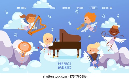 Los niños de Coupidone tocan la ilustración vectorial de la música perfecta. El personaje de chico y chica toca piano, arpa, tambourine, trompeta y acordeón en el cielo. Pequeños ángeles en la página principal de la web musical.