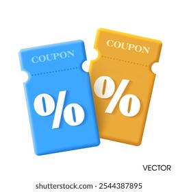 Couple of 3d coupons in blue and yellow, with coupon code, percentage sign, isolated on white background. 3D gift voucher icon in vector