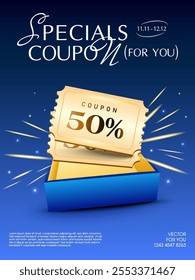 Casal de cupons de ouro 3d dentro de uma caixa de presente aberto premium, isolado no fundo azul profundo com efeito de fogo de artifício. Modelo de banner de voucher de presente luxuoso em vetor 3d