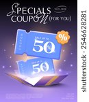 Couple of 3d special coupons with percent sale off, coupon code, on opened collapsed gift box, isolated on dark background with shining effect. Gift voucher for exclusive promotion event vector banner