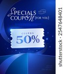 Couple of 3d special coupons with percent sale off, coupon code, on a gift box, isolated on dark blue background with shining effect. Gift voucher for exclusive promotion event vector banner