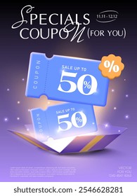 Couple of 3d special coupons with percent sale off, coupon code, on opened collapsed gift box, isolated on dark background with shining effect. Gift voucher for exclusive promotion event vector banner