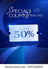 Couple of 3d special coupons with percent sale off, coupon code, on a gift box, isolated on dark blue background with shining effect. Gift voucher for exclusive promotion event vector banner