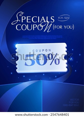 Couple of 3d special coupons with percent sale off, coupon code, on a gift box, isolated on dark blue background with shining effect. Gift voucher for exclusive promotion event vector banner