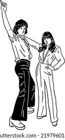 Couple In 60s 70s Disco Fashion People Dancing Hand Drawn Line Art Illustration