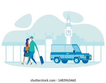 Couple Abroad Travel Flat Vector Illustration. Honeymoon in UK, European City Sightseeing Tour. Europe Exploration, Foreign Country Road Trip. Male and Female Tourist with Suitcases