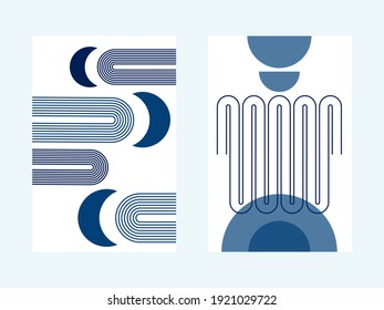 Couple of abstract poster with boho arches, with moons and semicircles, in cold winter blue colors, for interior wall posters. Boho arch in a minimalistic style. Collection - two minimalistic banners.
