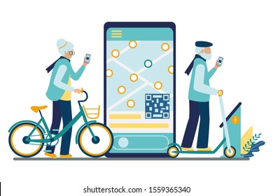 A couple of active old people rent an urban transport using the mobile app for unlocking. Healthy seniors share kick scooter and pedal bike. Vector flat illustration isolated on white background.