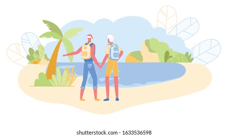 Couple of Active Pensioners with Backpacks Standing on Seaside Rear View Looking on Beautiful Seascape with Blue Ocean Waves and Palm Trees around. Seniors Hiking. Cartoon Flat Vector Illustration