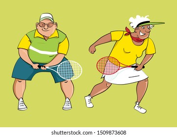 Couple of active seniors playing tennis, EPS 8 vector illustration