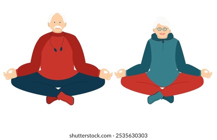 A couple of active seniors in sportswear doing yoga.