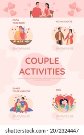 Couple activities flat color vector infographic template. Spending quality time togethe. Poster with text, PPT page concept design with cartoon character. Creative data visualization. Info banner idea