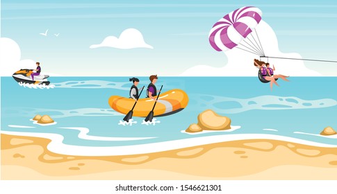 Couple activities flat vector illustration. Extreme sports. Riding boat, scooter. Teamwork parachuting. Water outdoor activities. Active lifestyle, fun entertainment. Sports people cartoon characters