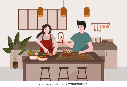 Couple activity, Happy couple cooking in kitchen at home, Happy time for cooking together.
Lover chatting enjoy conversation. Preparing meal, making soup and healthy food.
couple lifestyle concept.