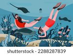 Couple activity, Happy couple dives snorkeling among corals and fishes in the ocean. Relax time, Lover swims together underwater. Couple  illustration concept.