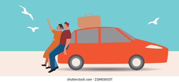 Couple admiring ocean view, vector stock illustration with road trip, beach and seagulls