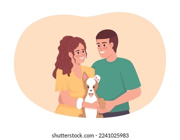 Couple adopt dog from shelter 2D vector isolated illustration. Living together. Get pet with partner flat characters on cartoon background. Colorful editable scene for mobile, website, presentation
