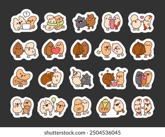 Couple of adorable lucky fetus nut. Sticker Bookmark. Cute cartoon characters. Hand drawn style. Vector drawing. Collection of design elements.