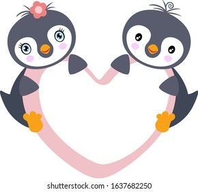 Couple of adorable penguins hanging on heart frame
