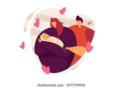 Couple adoring baby. Loving family watching newborn. Two parents showing their affection to little child. Woman holding baby. Cute parenthood concept for banner, website design or landing web page