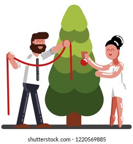 Couple adorns a New Year tree