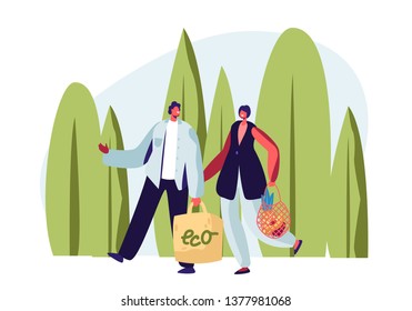 Couple of Adult Man and Woman Carrying Products in Paper and String Bags. Eco Package with Green Label, Natural Packing. Ecologically Safety Containers for Food. Cartoon Flat Vector Illustration