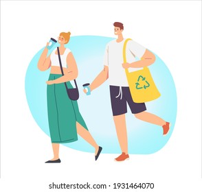 Couple of Adult Man and Woman Characters Drink Coffee and Carry Products in Paper Eco Friendly Bag. Bio Degradable Package, Zero Waste Natural Packing, Ecologically Safety. Cartoon Vector Illustration