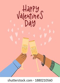 Couple of adults having romantic dinner, celebrating Valentine's Day clinking glasses of champagne. Male female cartoon flat vector illustration. Template post card. Two people in love. 