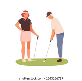 Un par de adultos jugando al golf juntos. Mujer con visera de gorro sosteniendo un club de golf y puntería masculina. Juego al aire libre deportivo de verano. Ilustración de dibujos animados de vector plano aislados en blanco