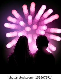 A couple of adults watching a firework display together at night. Celebration vector background.