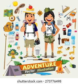Couple  Adventure Character Design With Survival Icon Kit. Adventure Concept- Vector Illustration