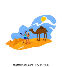 Couple in Africa 2D vector web banner, poster. Travelers take selfie with camel. Tourist flat characters on cartoon background. Egyptian desert printable patch, colorful web element