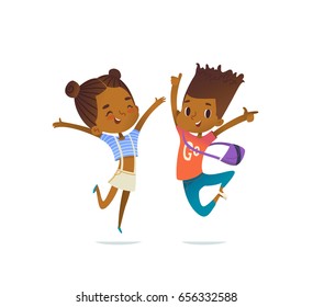 Couple of African American children, boy and girl, cheerfully jumping with their hands up. Concept of positive emotions and celebration. Vector illustration for banner, poster, website, postcard.