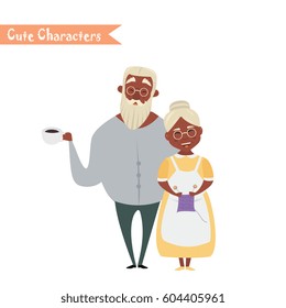 Couple of African American older people. African American Grandmother and grandfather. Vector illustration greeting. Lovely elderly couple