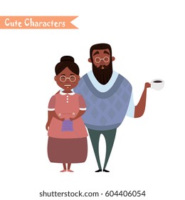Couple of African American older people. African American Grandmother and grandfather. Vector illustration greeting. Lovely elderly couple