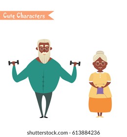 Couple of African American older people. African American Grandmother and grandfather. Vector illustration greeting. Lovely elderly couple