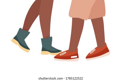 Couple of African American people Legs stand or walking in autumn shoes boots and sneakers. Men and women feet with colorful clothes, and footwear. Flat illustration isolated on white background.
