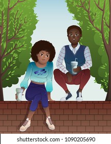 Couple of african american teenagers sitting on brick wall of fence and green trees. Vector illustration