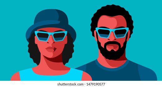 Couple of african americans wearing summer clothes and sunglasses. Young bearded man and woman in hat. Abstract man and female portraits, front view. Vector illustration