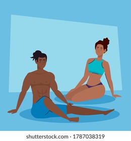 couple afro with swimsuit sitting, summer vacation season vector illustration design