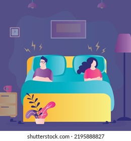 Couple after quarrel lies silently. Family had strong misunderstanding before going to bed. Relationship problems. Angry husband and wife decide to divorce after another quarrel. Vector illustration