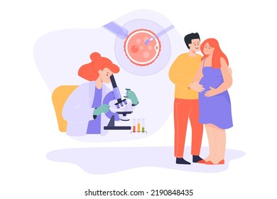 Couple after in vitro fertilization flat vector illustration. Husband hugging pregnant wife. Doctor fertilizing cell in lab. Infertility, IVF, artificial insemination, pregnancy, embryology concept