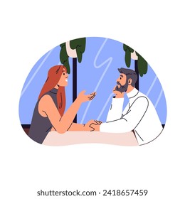 Pareja con diferencia de edad en la primera cita en el restaurante. Hombre y niña adulta en relación romántica. La gente enamorada mantiene la mano, charla romántica. Ilustración vectorial aislada plana sobre fondo blanco