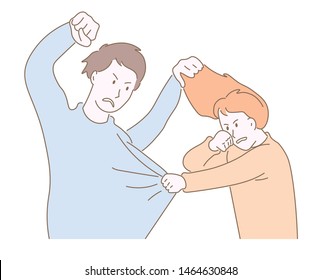 Couple of agressive boy and girl fighting with each other. Boyfriend or girlfriend abuser. Difficult relationship with trouble. Conflict with partner. Flat cartoon vector illustration