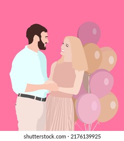 Couple with air balloons on pink background. Vector illustration